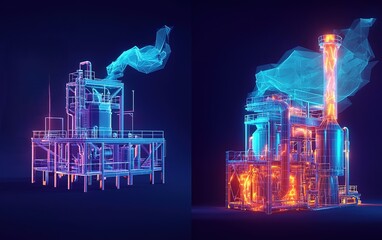Poster - Futuristic industrial facility with glowing smoke visualization at night in a high-tech environment