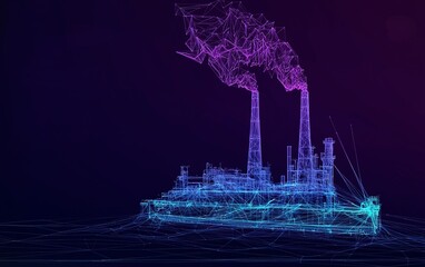 Poster - A futuristic illustration of a power plant emitting colorful smoke at night, showcasing advanced technology and energy production