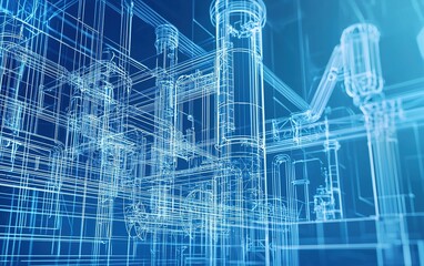 Poster - Wireframe model showcasing intricate piping systems in an industrial setting using blueprints and digital design tools