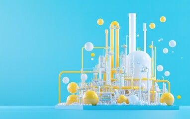 Poster - Colorful industrial model features pipes and storage tanks against a bright blue background, showcasing a vibrant factory design
