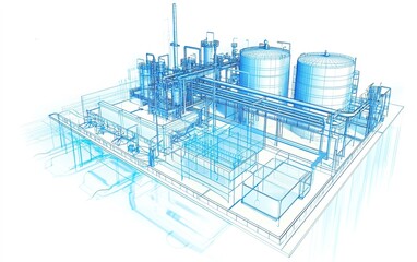 Poster - technical blueprint of an industrial facility with tanks and piping layout in a conceptual design fo