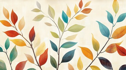 Poster - Colorful abstract leaves design on cream background showcasing autumn hues and flowing organic shapes in contemporary style