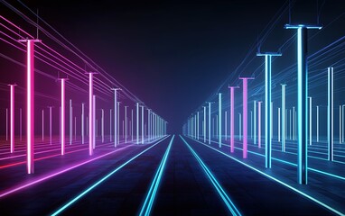Poster - Neon-lit pathway with glowing power poles in a futuristic digital landscape at night