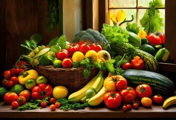 Canvas Print - colorful arrangement fresh fruits vegetables illuminate natural light creating playful shadows, arrangements, platter, display, showcase, vibrant, edible