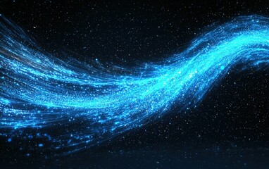 Poster - A vibrant blue light wave moves through a starry night sky, creating a mesmerizing cosmic effect in a dark backdrop
