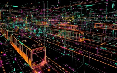 Poster - Digital urban landscape showcasing futuristic public transit systems with vibrant neon colors and data overlays