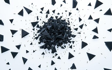 Poster - Abstract black triangular shapes bursting outward against a white background creating a striking visual effect