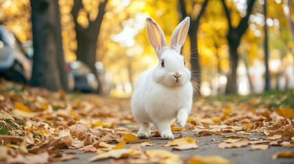 Poster - White Rabbit Standing Among Leaves