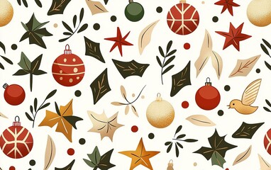 Wall Mural - Vibrant holiday-themed pattern featuring ornaments, leaves, and stars in festive colors on a light background