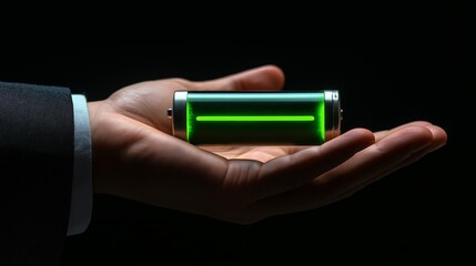 Poster - Hand holding a glowing green battery icon, symbolizing energy, sustainability, and power efficiency in a high-tech and futuristic concept, Generative AI