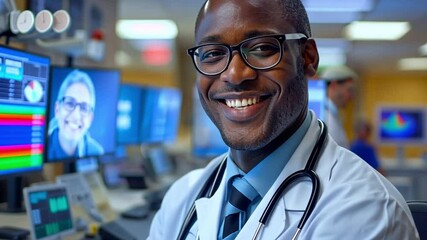 Aufkleber - A doctor in a white coat and stethoscope smiles confidently, while surrounded by advanced medical equipment displaying various patient statistics and charts in a lively healthcare setting.