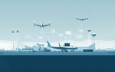 Poster - Drones and aircraft interact at a modern airport with advanced technology and efficient logistics in a clear sky