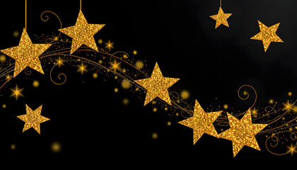 Wall Mural - Christmas background. Golden glittering stars swirls over black background isolated with white highlights, png