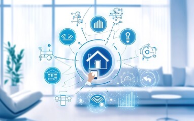 Poster - Modern smart home technology interface displayed in a bright living room showcasing various connected devices and data analytics