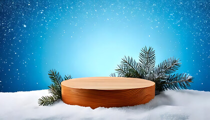 snowy wooden podium features spruce branches blank space text blue snowy background various photo formats