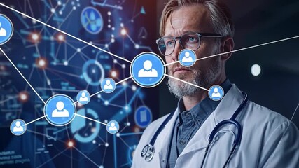 Aufkleber - A healthcare professional, wearing glasses and a lab coat, examines digital data and analytics for patient management while standing amidst advanced technology in a modern medical facility.