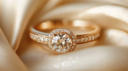 Poster - Sparkling diamond engagement ring on soft satin, radiating elegance and romance. Perfect symbol of love and commitment, ideal for special occasions or precious gifts