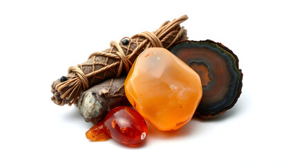 burning smudge bundle with citrine, carnelian and fire agate isolated with white highlights, png