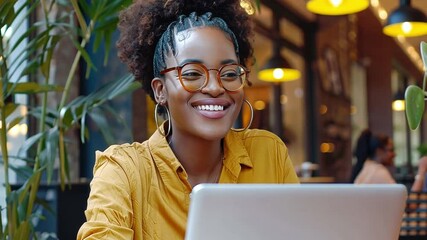 Aufkleber - A young woman with curly hair smiles brightly while working on her laptop in a warm, inviting cafe, surrounded by plants and soft lighting.