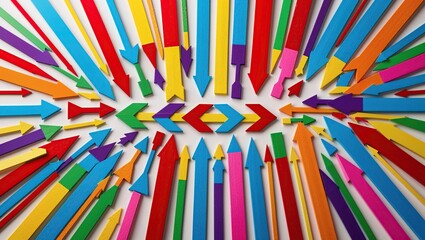 Poster - Vibrant Angular Arrows Radiating Energy in a Rainbow of Colors on a Striking White Background