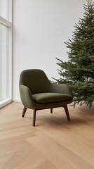 Poster - A beautifully decorated Christmas tree stands beside a green armchair, surrounded by neatly wrapped gifts in a minimalist living space.