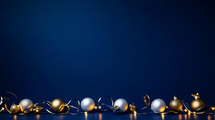 Wall Mural - A row of warm white Christmas lights isolated against a deep blue background, with scattered golden ornaments and delicate ribbon