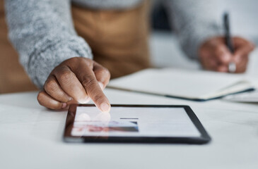 Aufkleber - Hands, scroll and tablet screen for connection for information, ux and communication in office. Business person, technology and writing for notes, network and social media as web designer for agency
