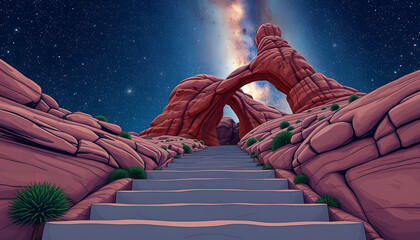 Steps leading to natural stone arch and canyon under starry sky with Milky Way isolated with white highlights, png