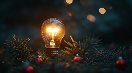 Wall Mural - Close up of a single Christmas light bulb glowing warmly against a dark background, surrounded by delicate pine needles and small red ornaments, soft bokeh effect