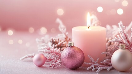 Wall Mural - Single warm white light shining brightly on a soft pink background, adorned with delicate holiday decorations and shimmering snowflakes