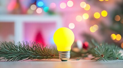 Wall Mural - Single yellow Christmas light bulb isolated on a blurred pastel background, surrounded by festive decorations and pine needles