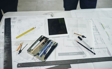 Poster - Blueprint, architecture and tools with tablet, tech and stationary for floor plan and industrial project. Above, notes and property management with civil engineering document for maintenance work