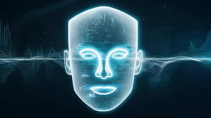 Poster - Digital human head constructed from binary code undergoes scanning by a device, with data streams flowing against a blue background, highlighting themes of technology and security