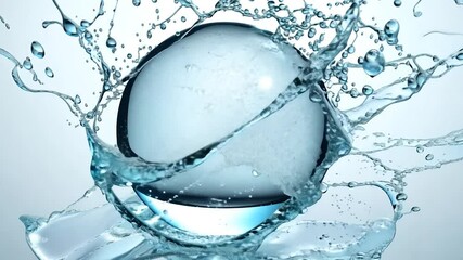 Poster - Water bursts from a sphere in a dynamic sequence of six frames. Clear droplets splash against a pristine white background, showcasing fluid motion and refreshing energy