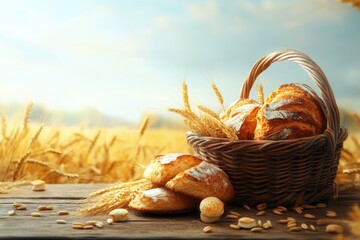 Wall Mural - Basket with bread on wooden table