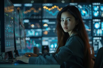 Poster - Female Analyst Examining Business Data Analytics Dashboard