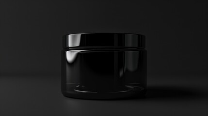 Wall Mural - Black jar with a clear lid sits on a dark background. The jar is empty and has a shiny, reflective surface. Concept of emptiness and stillness, as the jar appears to be waiting to be filled