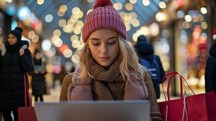 Aufkleber - A young woman sits in a bustling winter market, focused on her laptop amidst festive decorations and twinkling lights while shoppers stroll by.