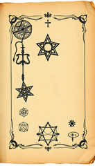 Old book page with hand drawn mystic illustration and symbols for witch magic spell against paper background. Gothic, occult and esoteric concept with copy space isolated with white highlights, png