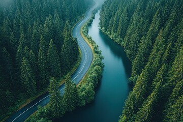 Poster - Aerial View of a Winding Road and River Through a Dense Forest