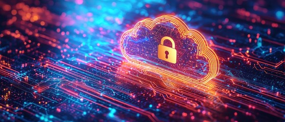 Poster - Glowing Cloud Icon with Padlock on Circuit Board Background