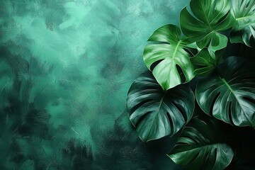 Aufkleber - Lush Green Monstera Leaves Against a Textured Emerald Background