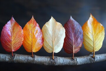 Poster - Five Autumn Leaves on a Branch Against a Dark Background