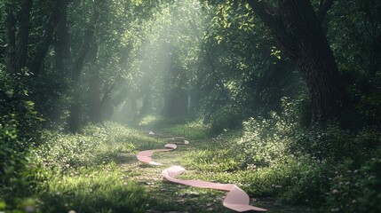 Poster - A Pink Ribbon Winding Through a Sunlit Forest Path