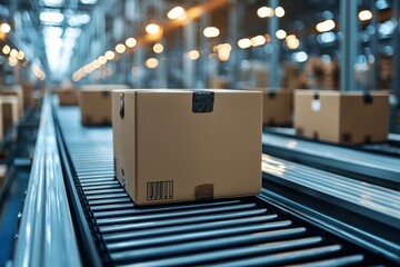 Poster - Cardboard Box on a Conveyor Belt in a Warehouse