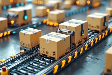 Poster - Automated Conveyor Belt System with Cardboard Boxes