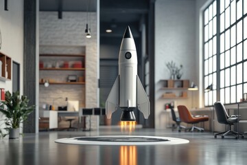 A White Rocket Taking Off Inside a Modern Office Space