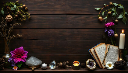 Dark brown wooden table background frame for text, decorated with witchy items to look esoteric and occult. Free writing space in the middle. Dried herbs, crystals, old vintage books candles flowers