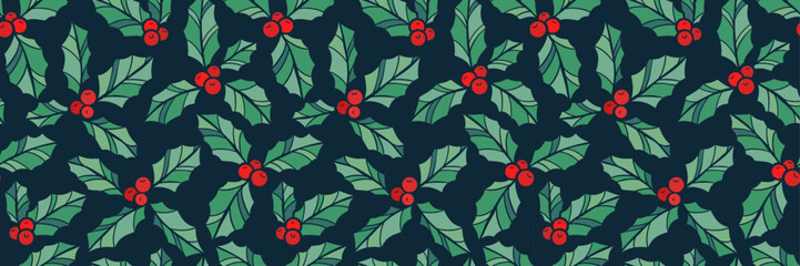 Poster - Christmas ilex holly plant vector repeat pattern banner, wide background festive cover design