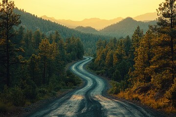 Poster - A Winding Dirt Road Through a Dense Forest at Sunset